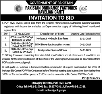 Pakistan Ordnance Factories Wah Cantt Tender Notice
